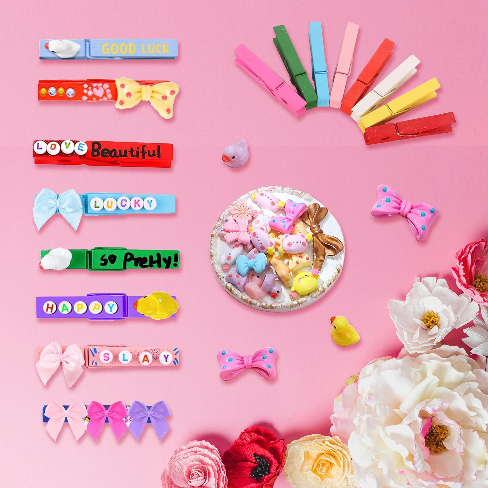 50 Set Cheer Pins Spirit Clips, Included 50Pcs Colored Clothes Pins and Min Resin Ducks and Mini Flowers for Backpacks Ribbon Team Classroom, Cheer Accessories Cheer Gifts for Team Girls
