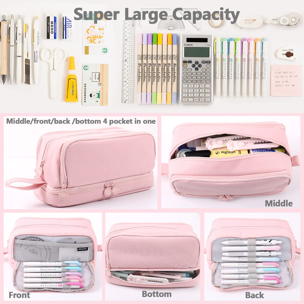 Large Capacity Pencil Case 4 Compartments, Pencil Case with Zipper Portable Handle, Aesthetic Pencil Case Stationery Organizer for Office College School Teen Girl Boy Men Women (Pink)