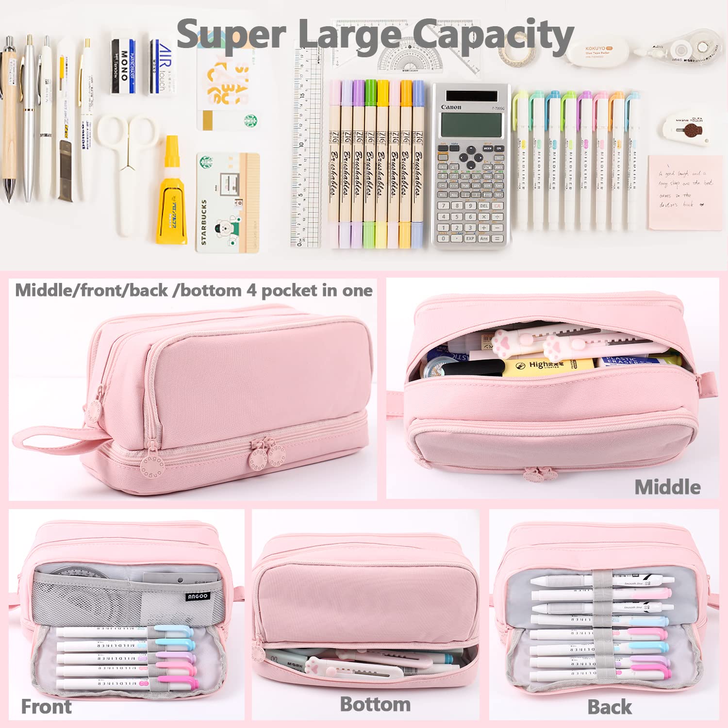 Large Capacity Pencil Case 4 Compartments, Pencil Case with Zipper Portable Handle, Aesthetic Pencil Case Stationery Organizer for Office College School Teen Girl Boy Men Women (Pink)