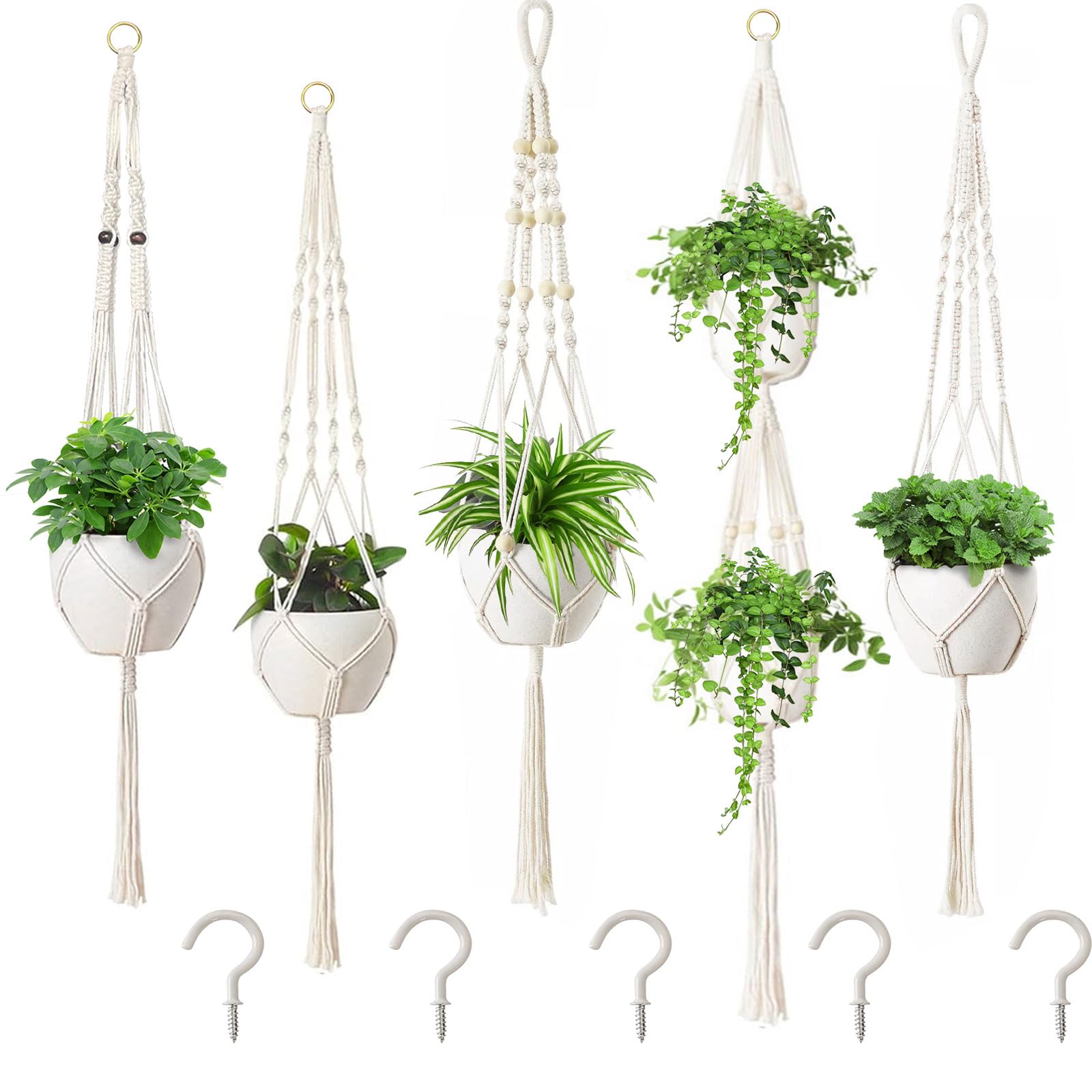 5 Pack Macrame Plant Hangers, Handmade Hanging Planter with Beaded & Tassel for Indoor Outdoor Plant Pots, Durable Cotton Rope Plant Hanger for Home, Garden, Balcony Decor