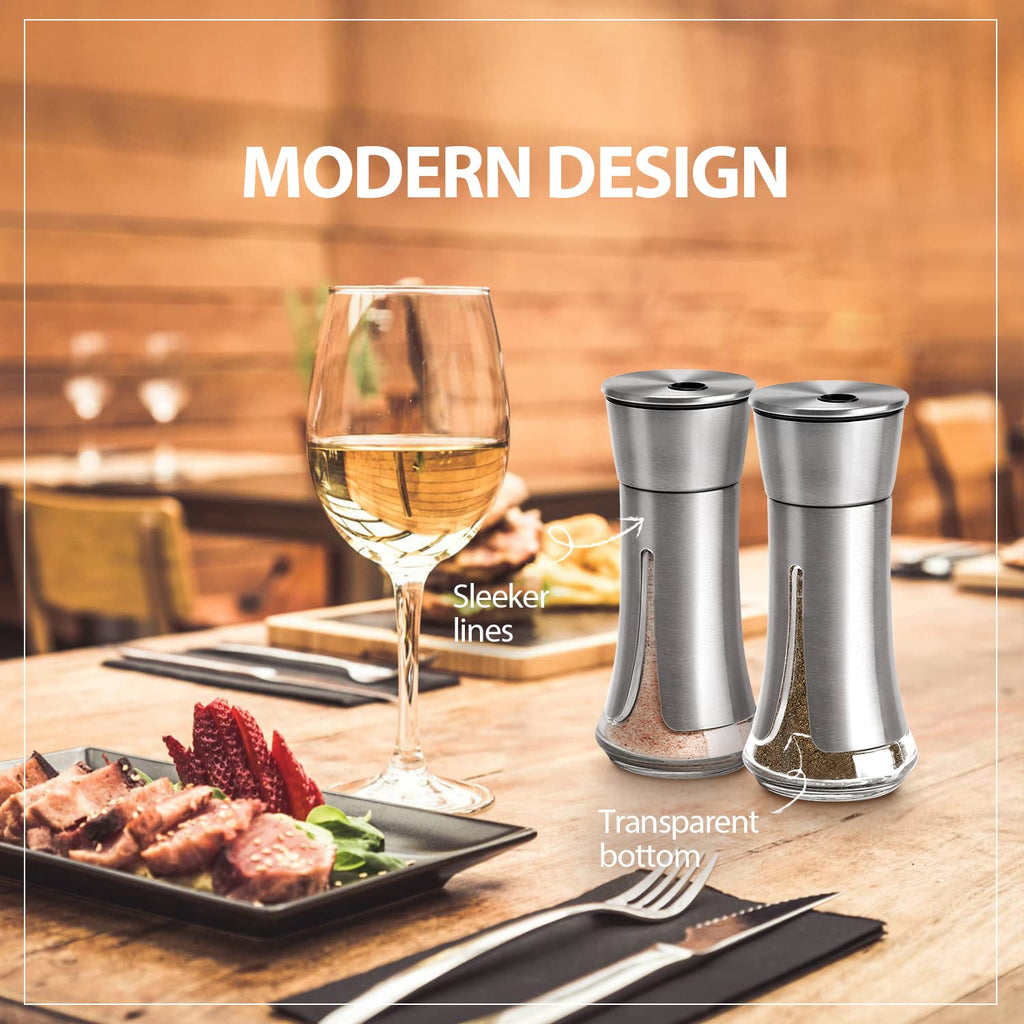 Salt and Pepper Shakers Set by Aelga - Salt Shaker with Adjustable Pour Holes -Stainless Steel Salt and Pepper shakers- Spice Shakers
