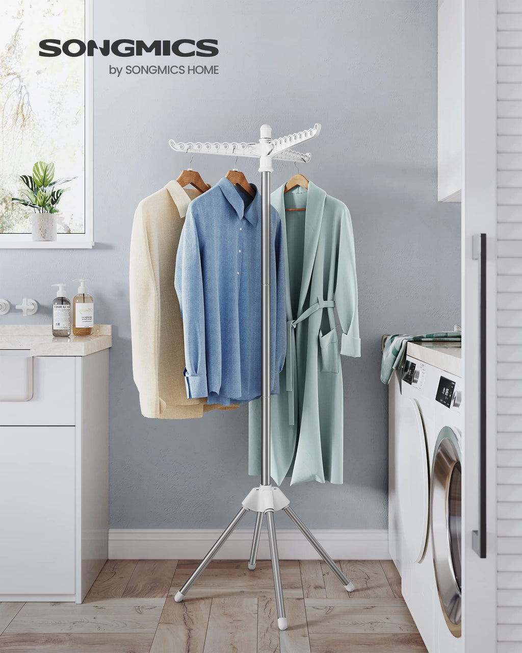 SONGMICS Clothes Drying Rack, 59-Inch Folding Laundry Drying Rack with 3 Rotatable Arms for Hangers, 4 Legs, Stainless Steel, for 27 Pieces of Clothes, White and Silver ULLR510W01