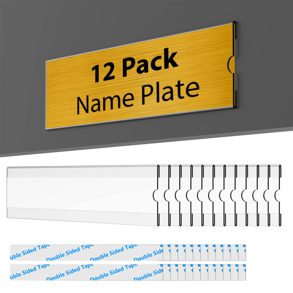TONICE 12 Pack Acrylic Desk 2x8" Nameplate Holders, Acrylic Nameplate Holders, Wall Mount Transparent Nameplate Holders, Office Name Holders.