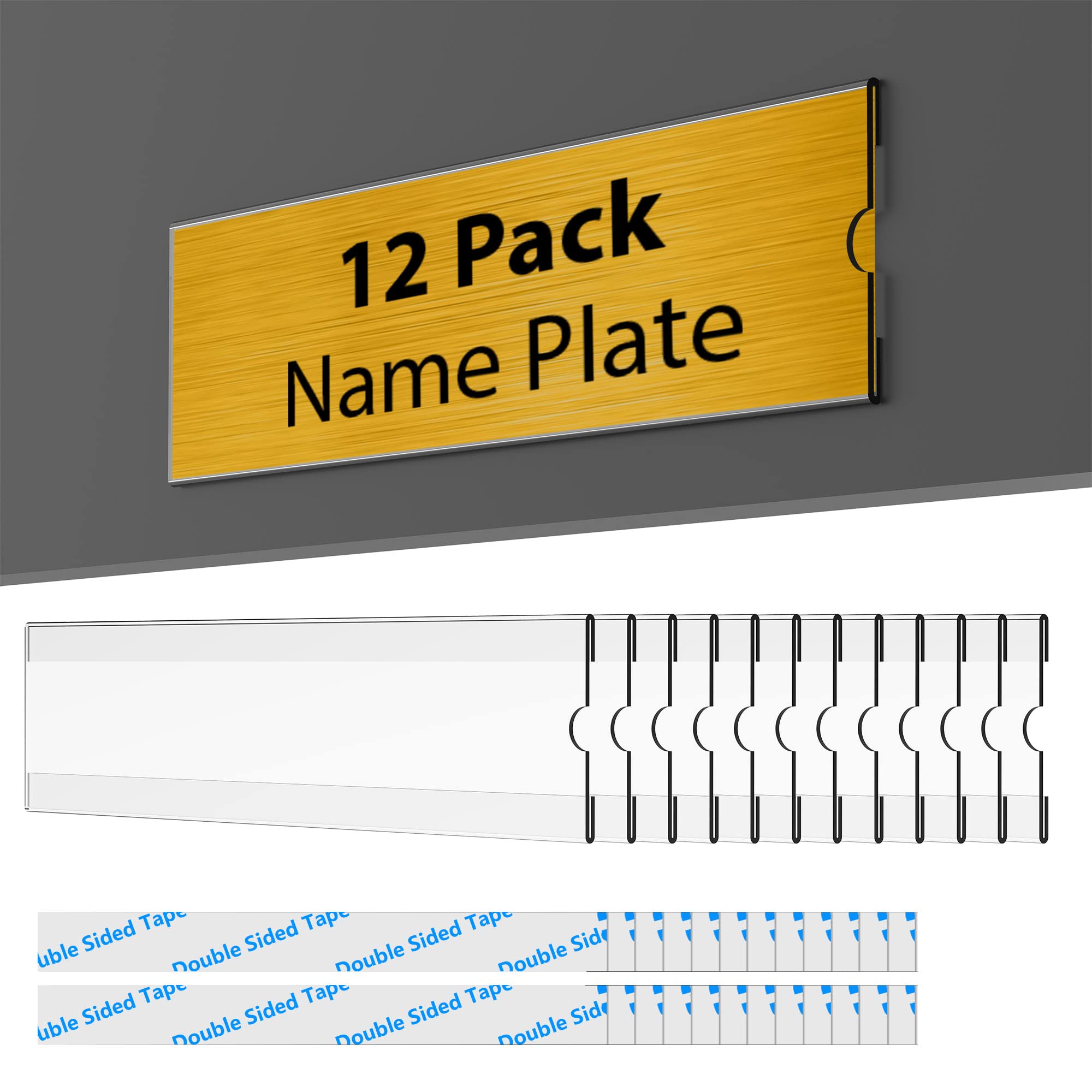 TONICE 12 Pack Acrylic Desk 2x8" Nameplate Holders, Acrylic Nameplate Holders, Wall Mount Transparent Nameplate Holders, Office Name Holders.