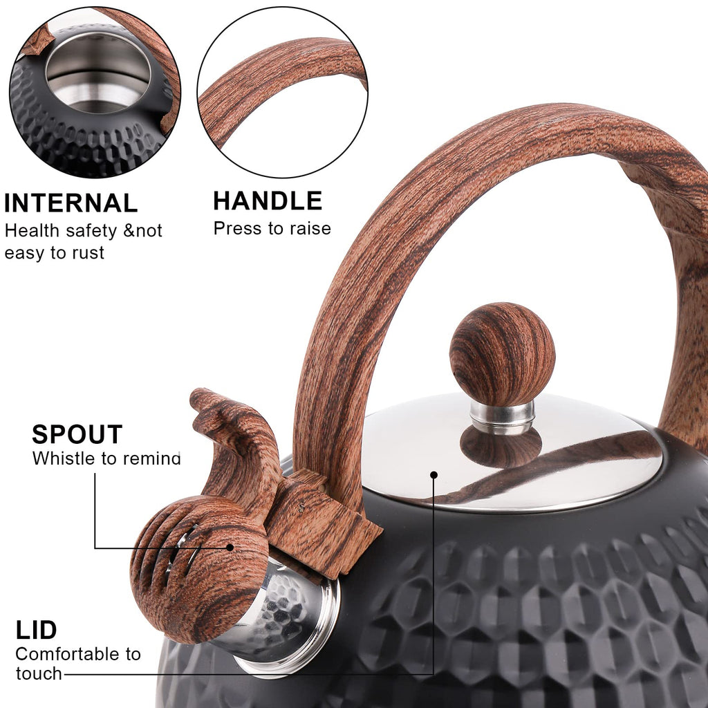 Lawei 2.5 Quart Whistling Tea Kettle with Wood Grain Anti Heat Handle, Stainless Steel Tea Kettles Food Grade Teapot for Stove Top Gas Electric Applicable