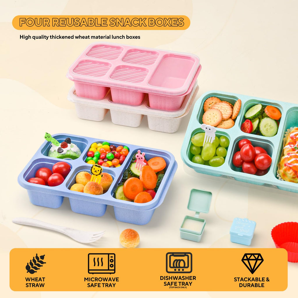 4 Pack Bento Snack Box, 5 Compartment Lunchable Snack Containers, Stackable Bento Lunch Boxes for Kids & Adults, Reusable Wheat Straw Meal Prep Lunch Containers for School，Work and Travel