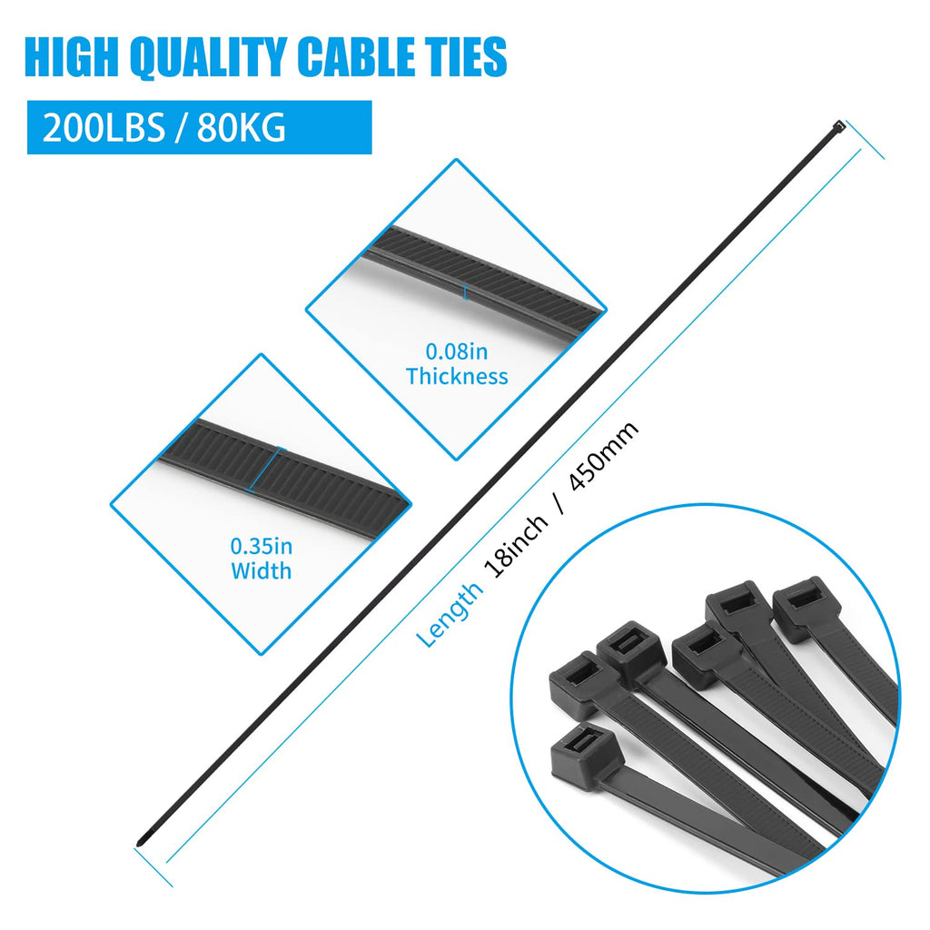 Armpow 18 inch Black Zip Ties Heavy Duty 100 Pack, 200 LBS Ultra Exclusive Strong Plastic Wire Ties, Large Cable Ties Extra Long Tie Wraps, Indoor and Outdoor UV Resistant