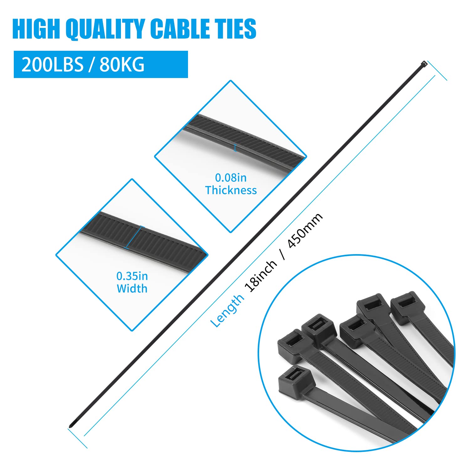 Armpow 18 inch Black Zip Ties Heavy Duty 100 Pack, 200 LBS Ultra Exclusive Strong Plastic Wire Ties, Large Cable Ties Extra Long Tie Wraps, Indoor and Outdoor UV Resistant