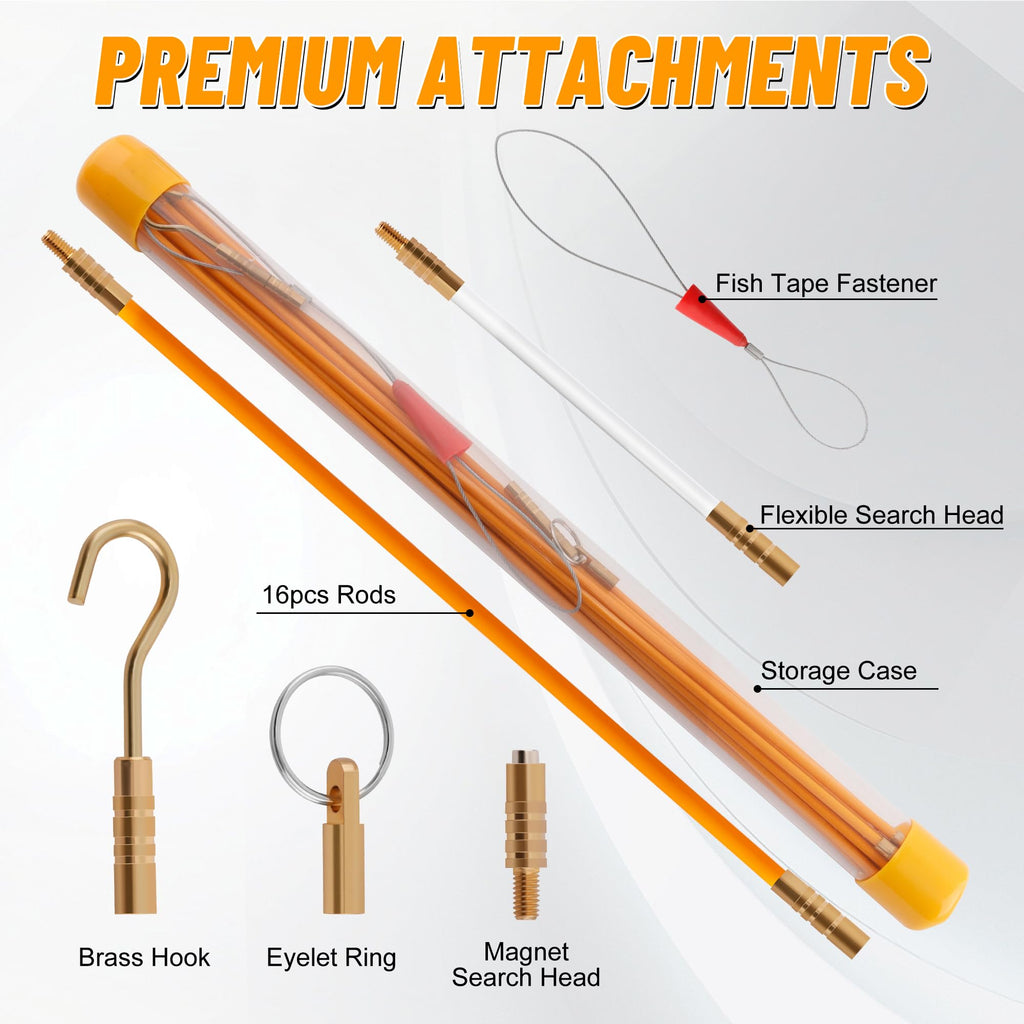 KOOTANS 22FT Fiberglass Electrical Wires Running Kit Wire Fishing Tools Fish Tape Wire Puller Through Wall Cable Snake Fish Rods Kit with Different Attachments