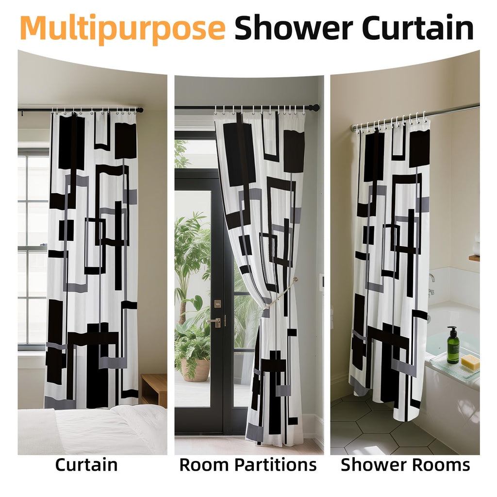 Black and White Shower Curtain, Black Grey Geometric Fabric Shower Curtain Set, Abstract Mid Century Modern Minimalist Waterproof Shower Curtain for Bathroom Decor, 72 x 72