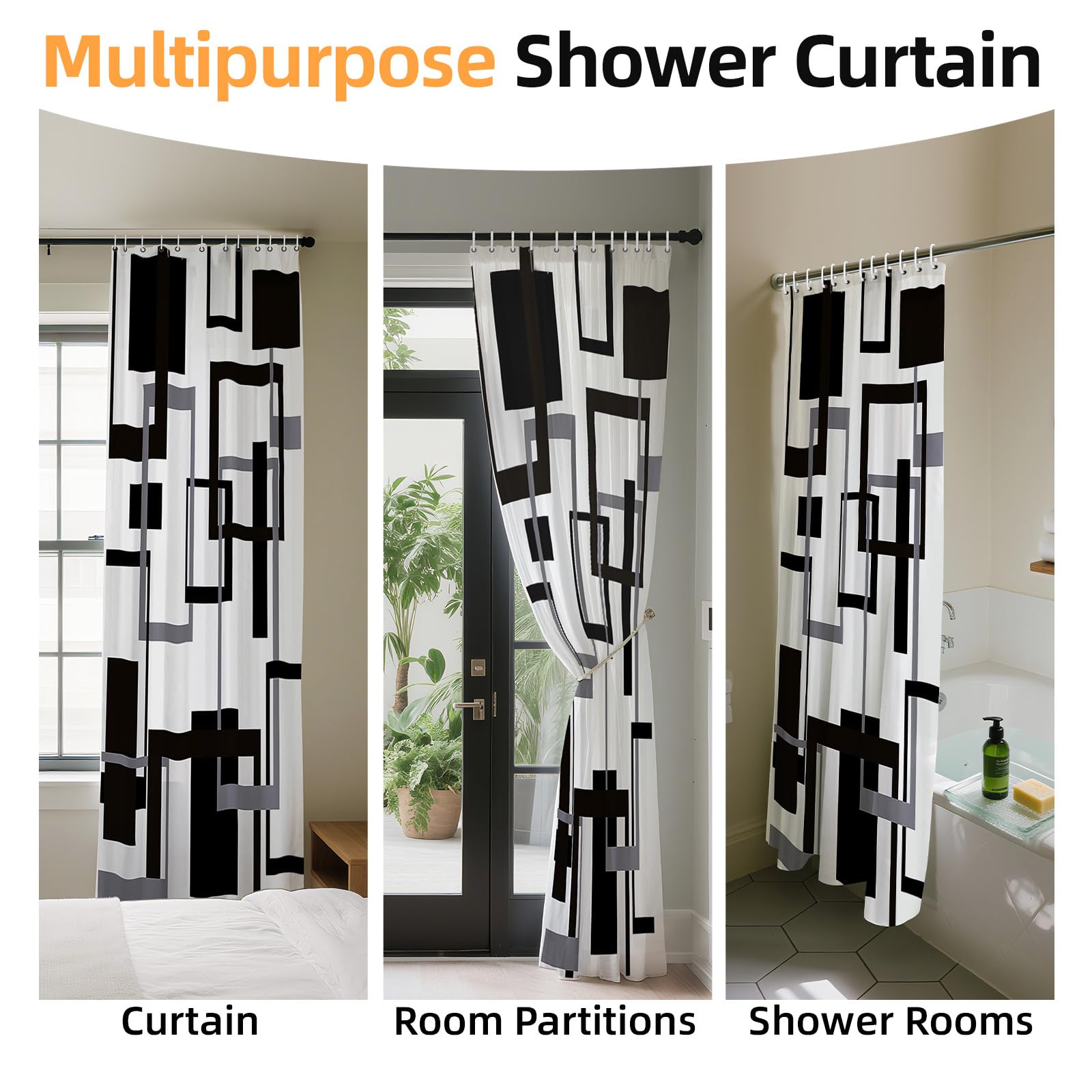 Black and White Shower Curtain, Black Grey Geometric Fabric Shower Curtain Set, Abstract Mid Century Modern Minimalist Waterproof Shower Curtain for Bathroom Decor, 72 x 72