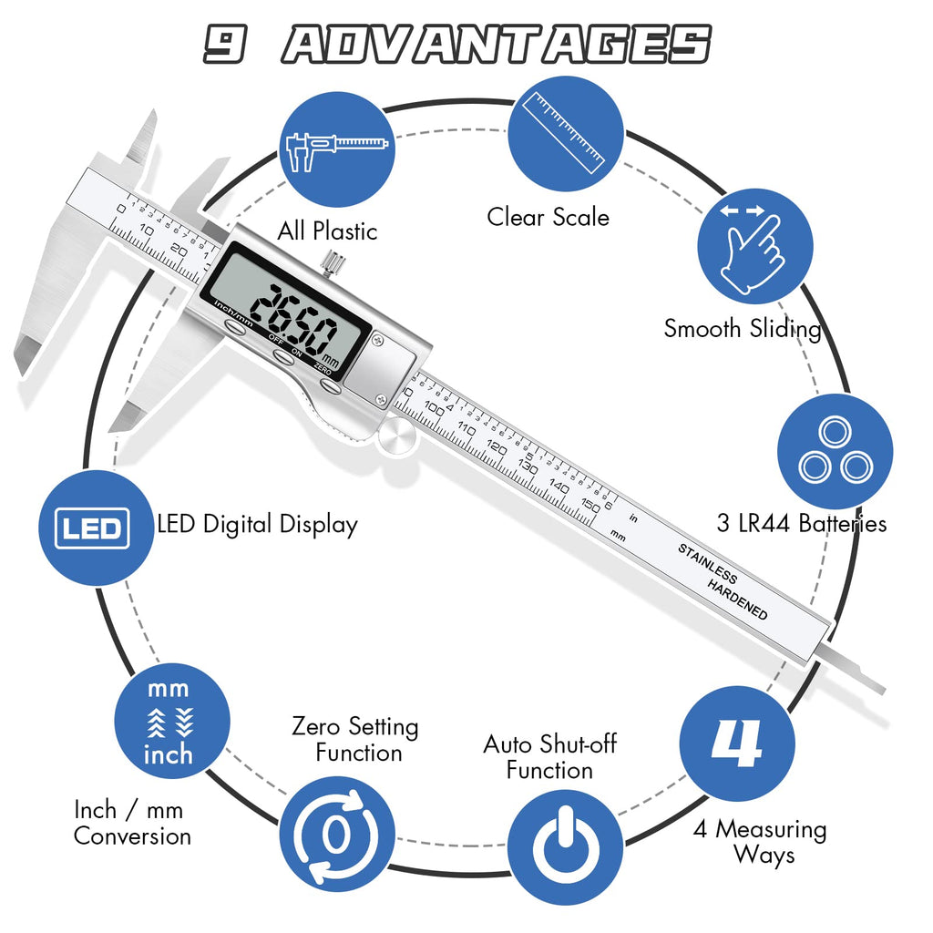 Simhevn150mm Digital Caliper, 6 Inch Stainless Steel Electronic Digital Caliper, with Extra-Large LCD Screen, Auto-Off Feature, Inch and Millimeter Conversion Metal Measuring Tool Caliper