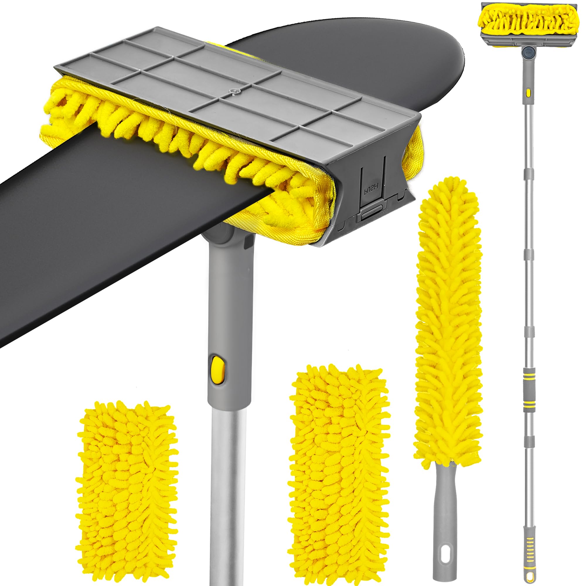 JEHONN 77” Ceiling Fan Cleaner Duster with Extra Bendable Chenille Dust Cleaning Tool, Detachable Washable Mop for Baseboard, Blinds, Walls, Floors & Car Interiors (Yellow)