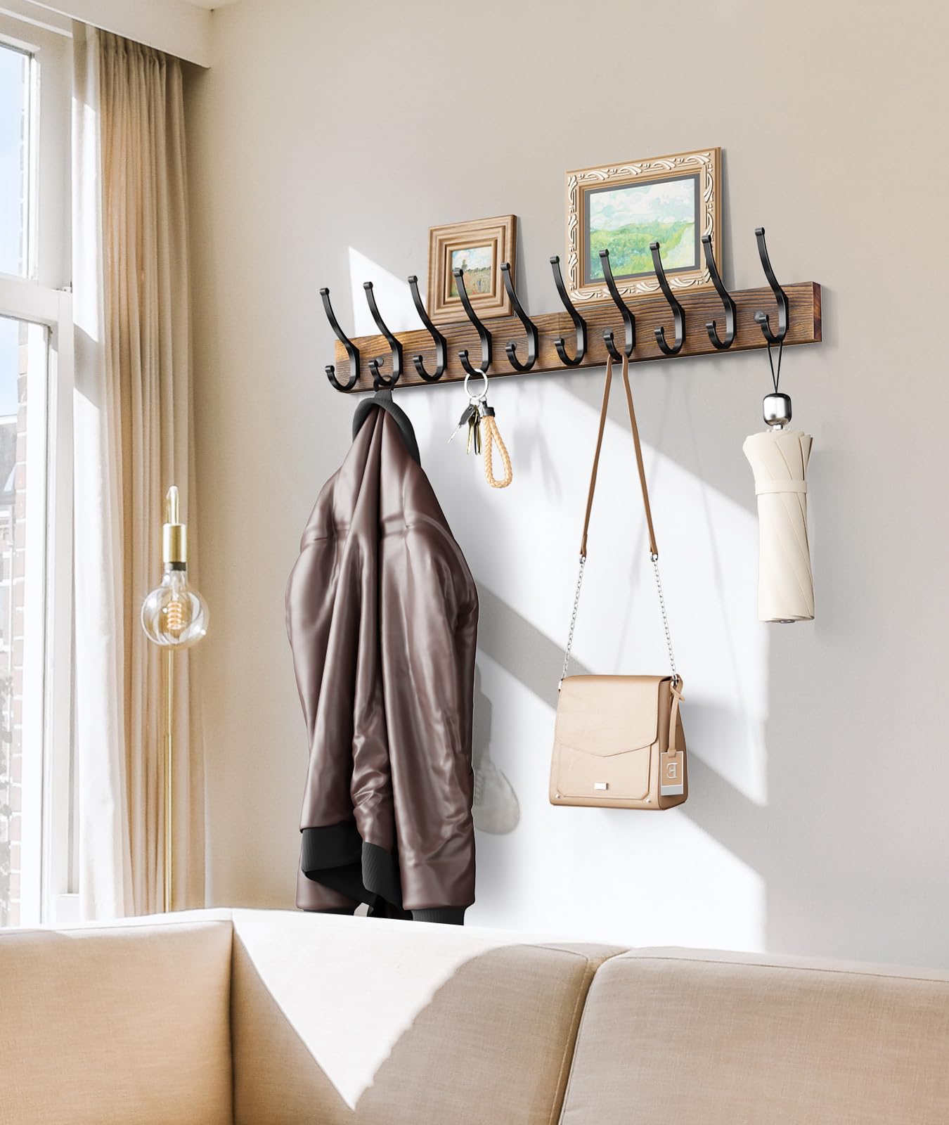 Optish 2 Pack Wooden Coat Rack Wall Mount, 16.1" Rustic Coat Hanger Hooks Wall Mount, Wall Coat Rack for Hat, Clothes, Bags, Jacket - Brown