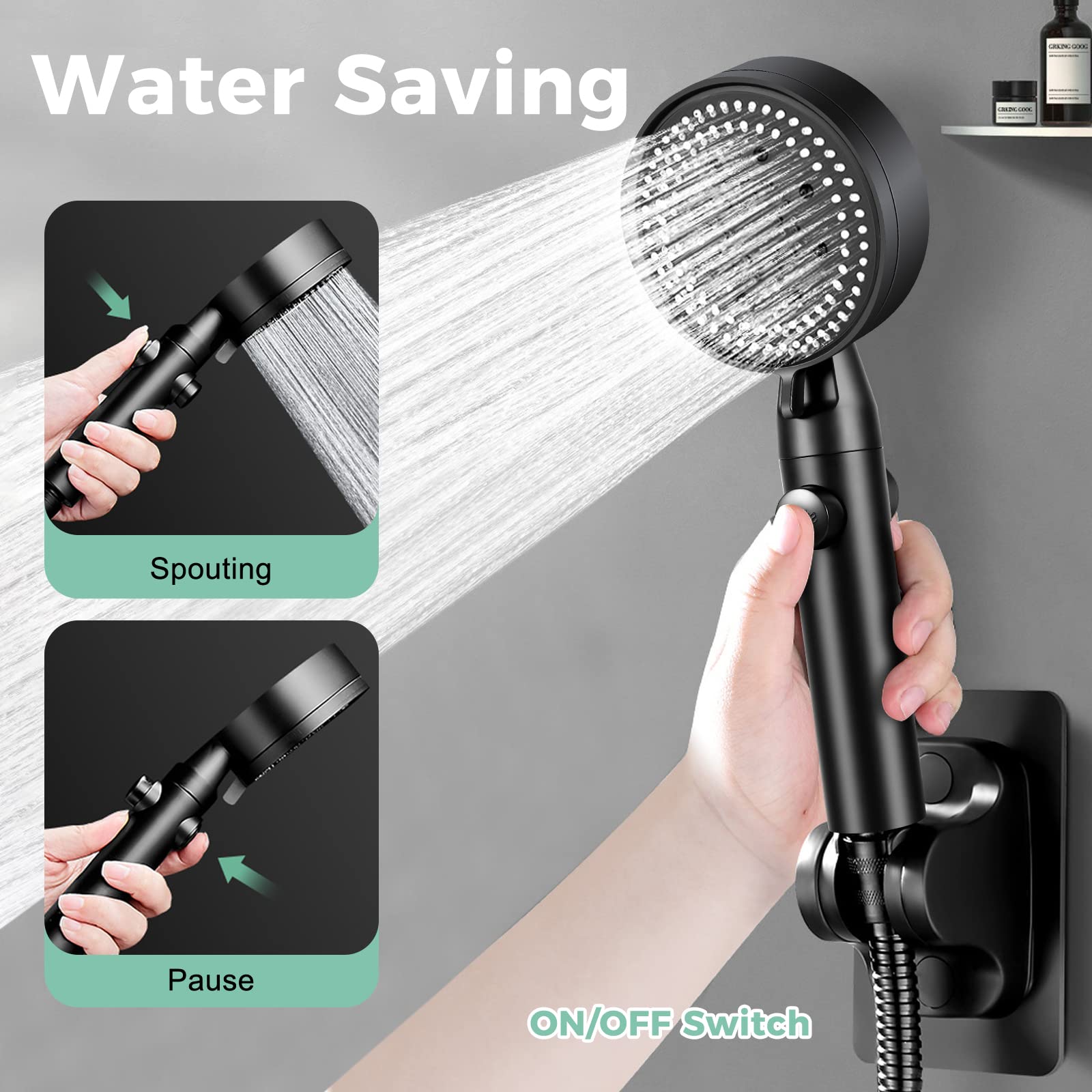 Lostrain Shower Head with Hose, Handheld High Pressure RV Water Saving On Off Switch Detachable Removable Hand Held Showerhead Set with Holder - Black