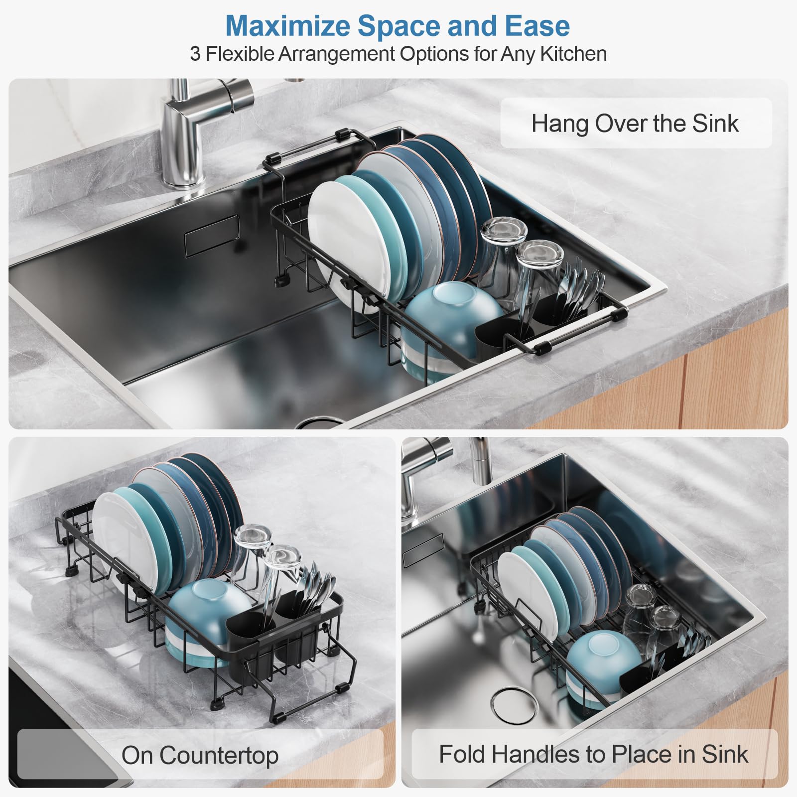 GSlife Small Sink Dish Drying Rack, 9" W Expandable Compact Rust Resistant Dish Drainer for RV Apartment Kitchen, Dish Rack with Lock Knob, Arms with Non Slip Rubber, 12"–16.8" L, Black