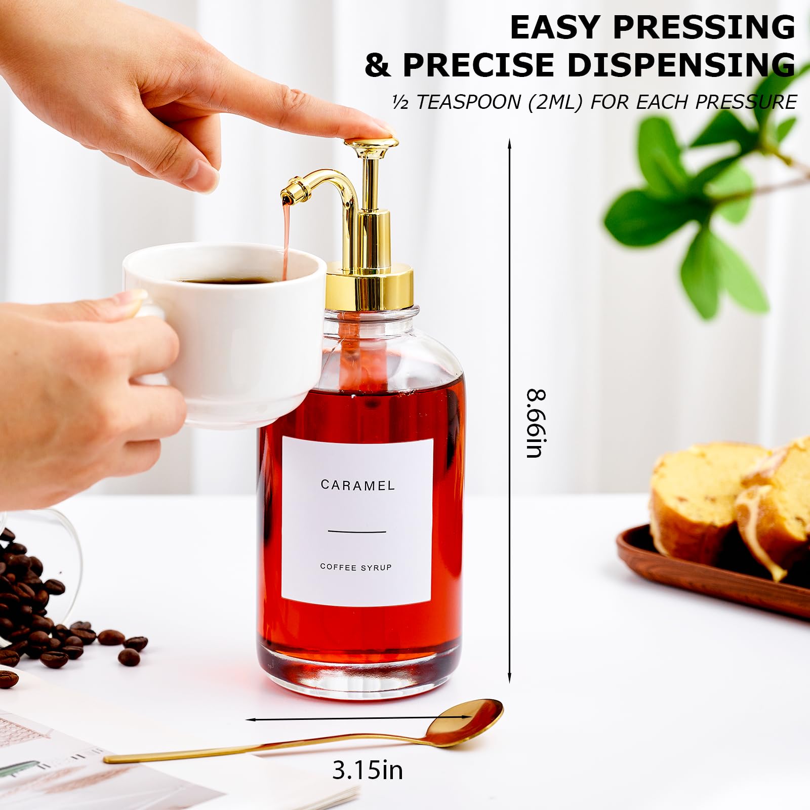 Coffee Syrup Dispenser for Coffee Bar, Glass Syrup Dispenser with Pump, Coffee Syrup Pump Dispenser Bottle, Spoon for Coffee Station, Coffee Bar Organizer, Black,16.9 oz, 500 ml