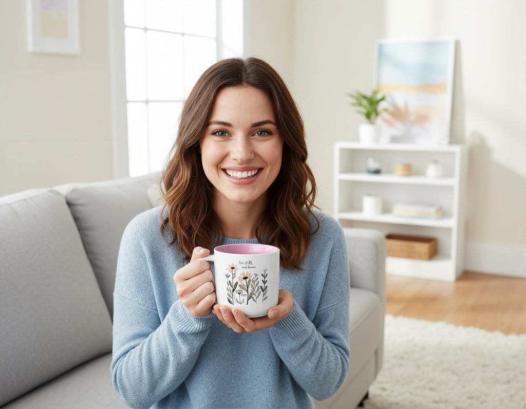 ONRRI 13.5 oz Round Ceramic Mug with Pink Interior, Be Still and Know Psalm 46:10 Text, Double-Sided Print, Microwave Safe, Christian Coffee Cup for Women