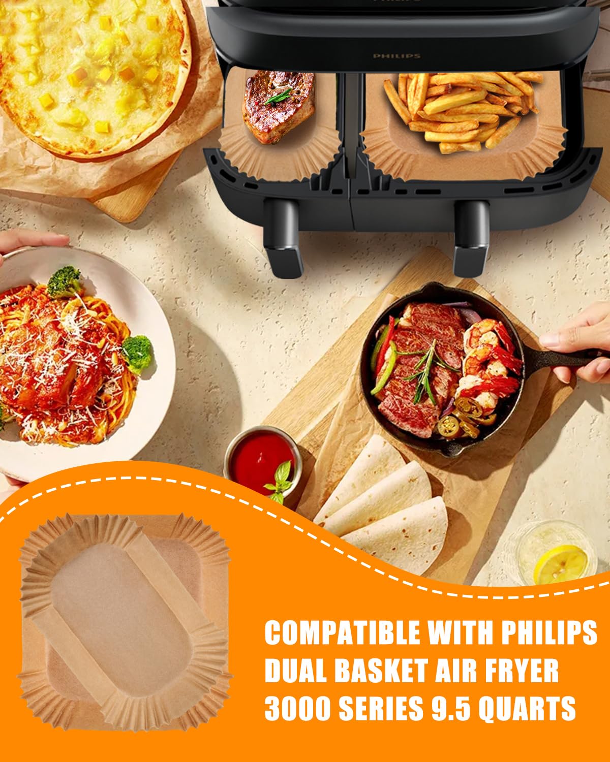 120PCs Air Fryer Parchment Paper Liners for Philips Dual Basket Air Fryer 3000 Series(NA350/00) 9.5 Quarts, 60Pcs 3L & 60PCs 6L Liners, Nonstick Airfryer Disposable Baking Accessories, Free of Bleach