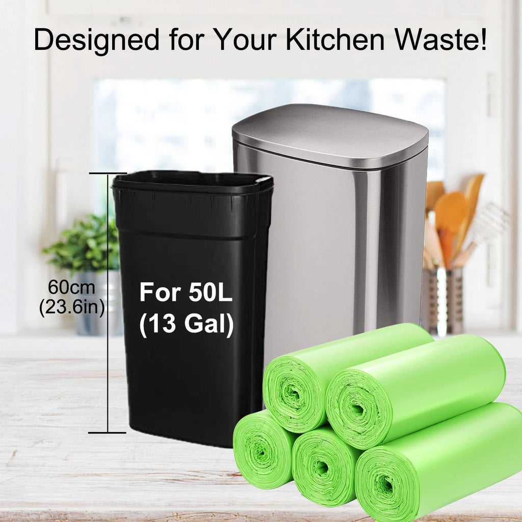Aievrgad Biodegradable Trash bags 50PCS, 13Gallon/50L large Garbage bags/ For kitchen Bin. Bin Liner/Trash/rubbish Bags, 100% Recycled,Tough, degradable, Compost Bags for Food/household/garden