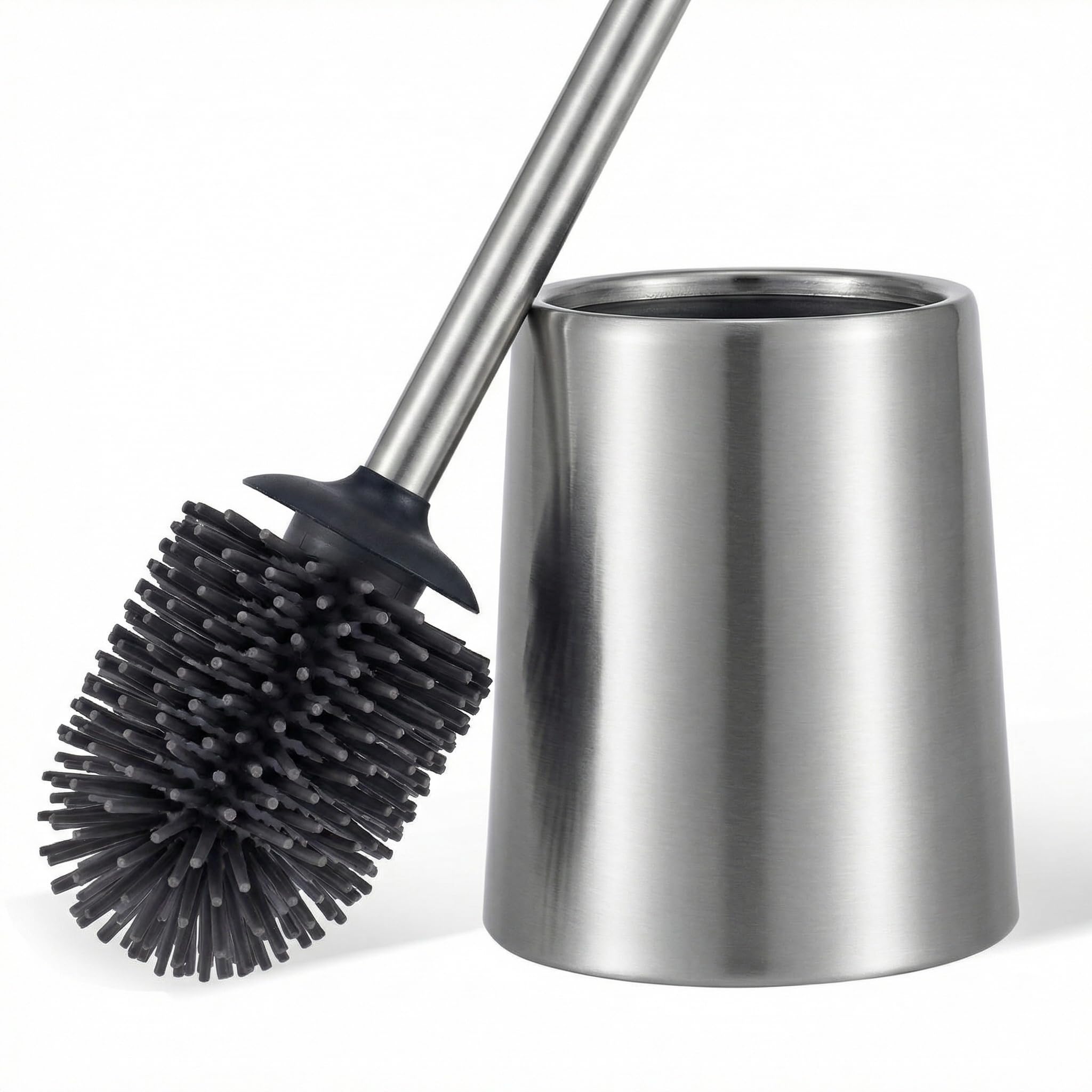 SOPRANNOMIN SUS304 Stainless Steel Toilet Brush and Holder Silicone Head TPE Soft Head Brosse Toilette Cleaning Brush for Bowl Bathroom Cleaning Brush Set Brosse de Toilette Brushed Silver