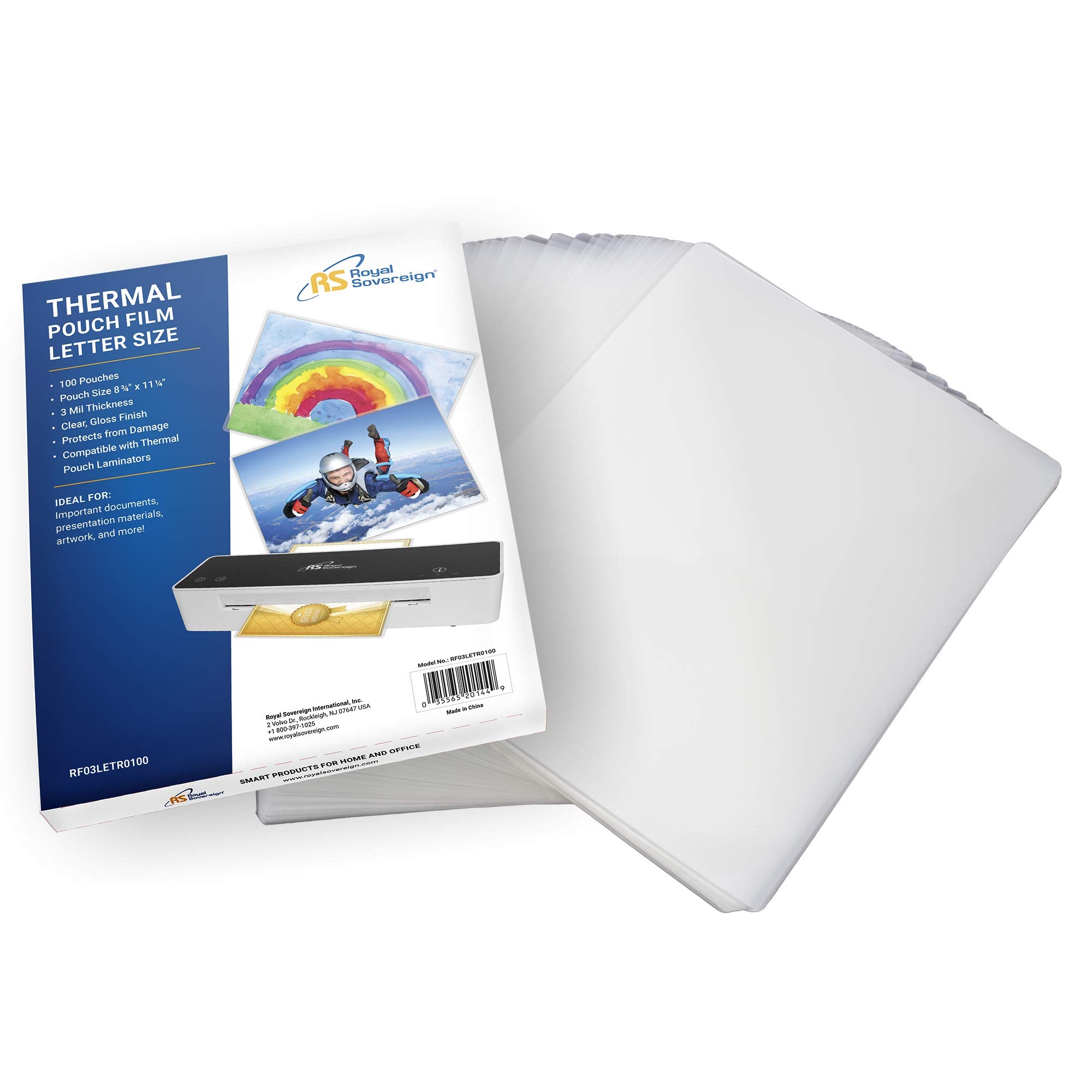 Royal Sovereign Thermal Laminating Sheets, 9” x 11.2” Letter Size Pouches Clear Gloss, 3 Mil 100-Pack (RF03LETR0100)