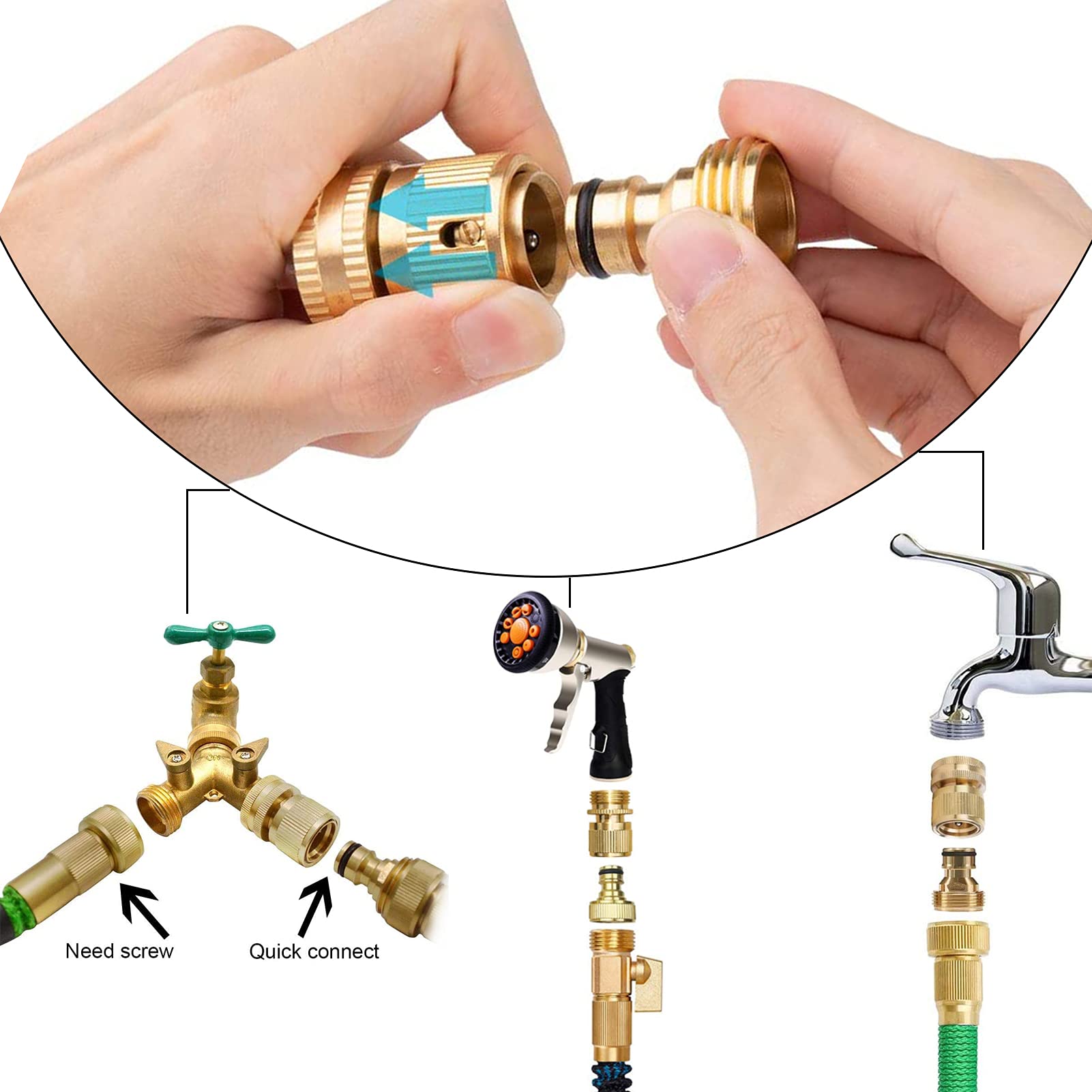 Garden Hose Quick Connectors, Solid Brass 3/4 inch GHT Thread Easy Connect Fittings No-Leak Water Hose Male Female Value Pack (5 Set) with 10pcs Extra Rubber