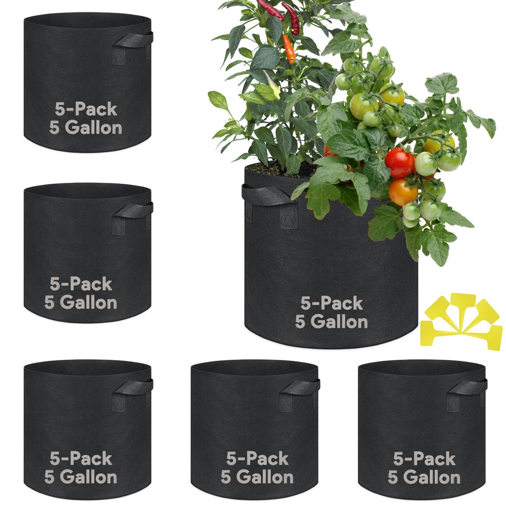 Grow Bags 5 Gallon 5 Pack Fabric Pots 300g Heavy Duty Thickened Nonwoven Plant Grow Bags with Handles for Vegetable Tomato Potato Fruits Flowers Garden Pots for Plants Indoor Outdoor(12" Dia x 10" H)