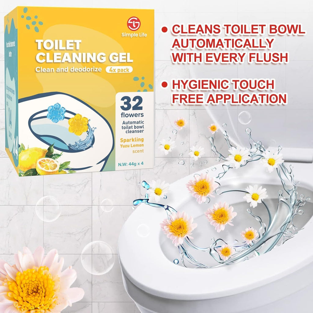 Simple Life Fresh Flower Stamp Toilet Gels, Variety Pack, Stops Limescale and Stains with Air Freshening Scent, Deodorizing Clean (32 Count (Pack of 1), Blue & Yellow)