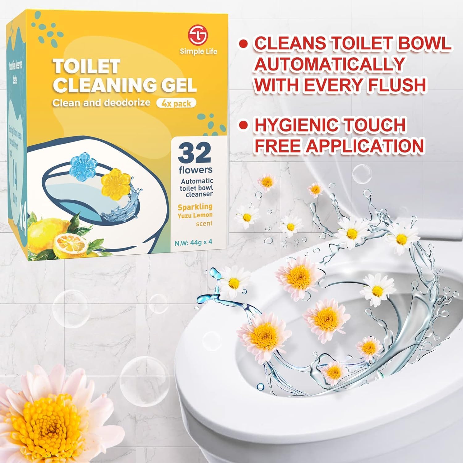 Simple Life Fresh Flower Stamp Toilet Gels, Variety Pack, Stops Limescale and Stains with Air Freshening Scent, Deodorizing Clean (32 Count (Pack of 1), Blue & Yellow)