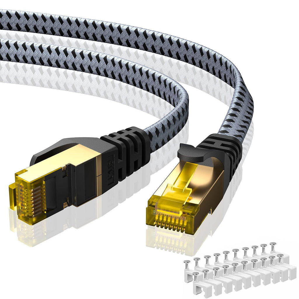 Cat 8 Ethernet Cable 25 FT, ARISKEEN 40Gbps 2000Mhz High Speed Cat8 Network LAN Patch Cord, Nylon Braided High Duty Shielded RJ45 Flat Internet Cable with 15 Clips for Indoor Outdoor - 25 Feet (Grey)