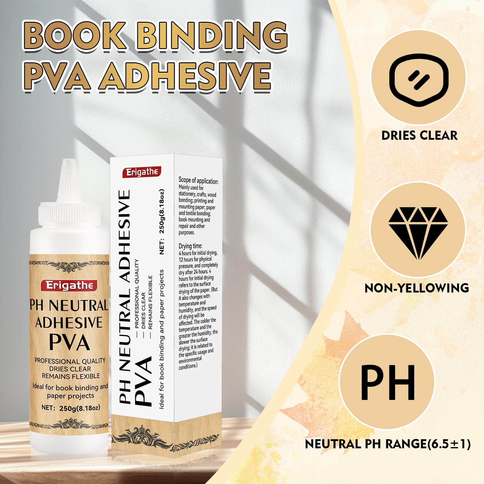 250g Book Glue,Neutral PH PVA Adhesive, Acid-Free, All-Purpose, Dries Clear and Remains Flexible, Used for Bookbinding and Repair, Framing, Collages, Paper Art and Crafts
