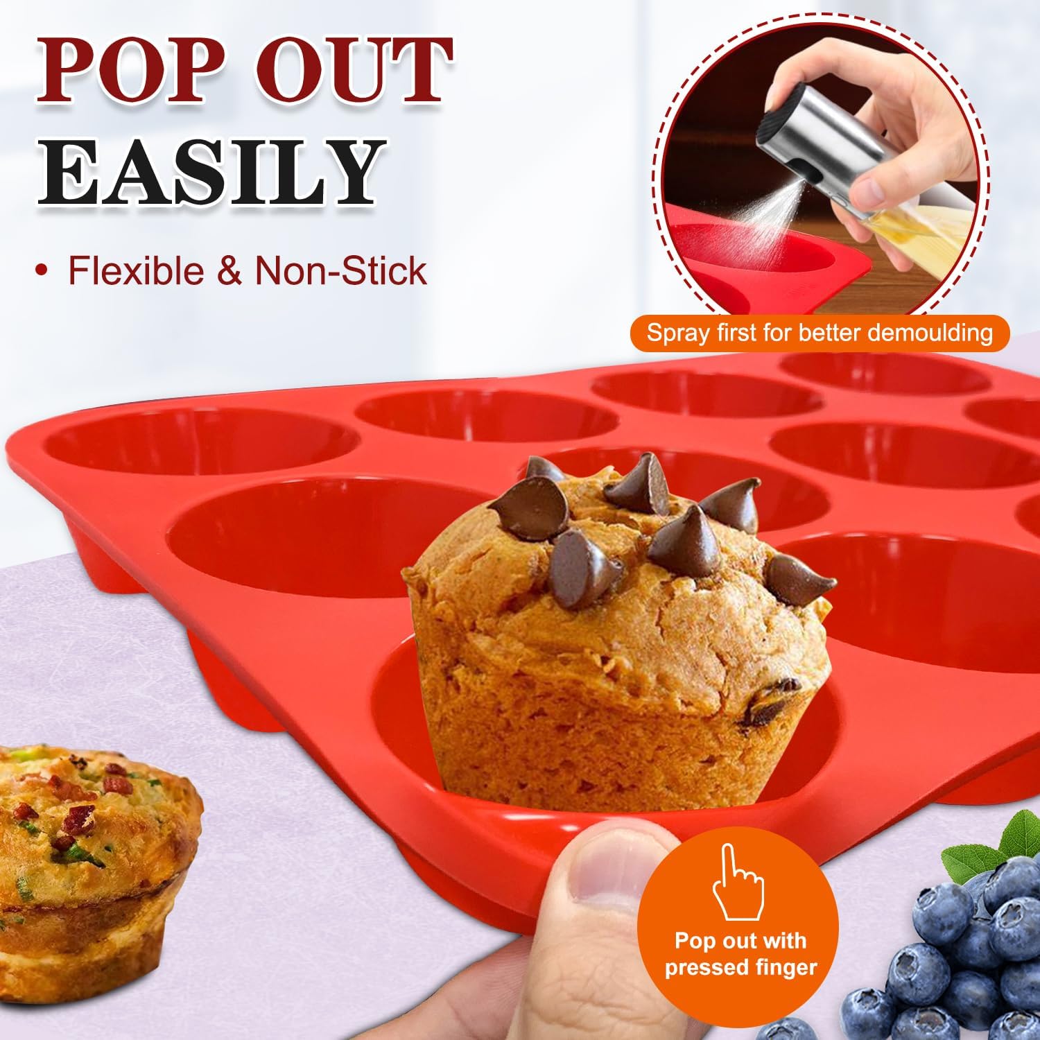 Walfos Silicone Muffin Pan - 12 Cups Regular Cupcake Pan, Non-Stick Silicone Muffin Tin for Egg Muffin, Cupcake, Tart, Bread, BPA Free - 2 Pack