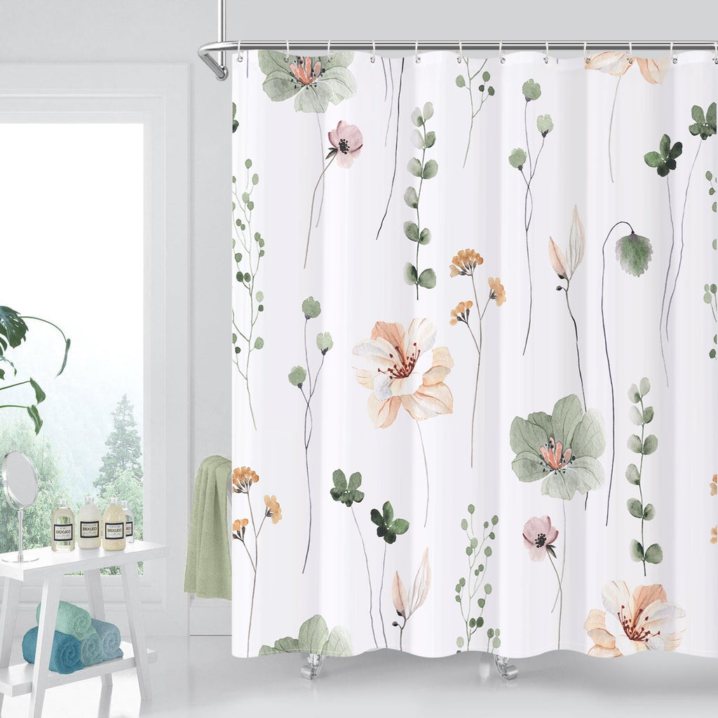 XZTXBest Boho Shower Curtain, Sage Green Beige Flower Bath Curtain for Bathroom, Modern Minimalist White Bathroom Curtain, Mildew Resistant, Weighted Hem, Waterproof Fabric with 12 Hooks 72x72 Inches