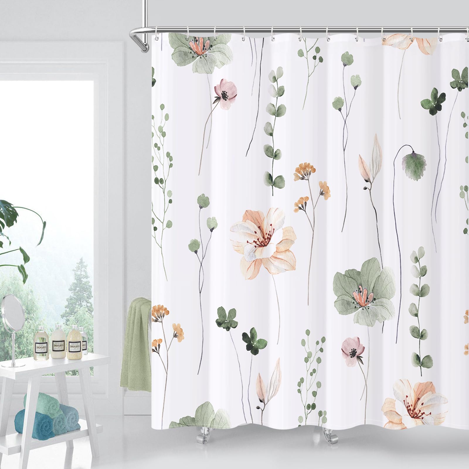 XZTXBest Boho Shower Curtain, Sage Green Beige Flower Bath Curtain for Bathroom, Modern Minimalist White Bathroom Curtain, Mildew Resistant, Weighted Hem, Waterproof Fabric with 12 Hooks 72x72 Inches