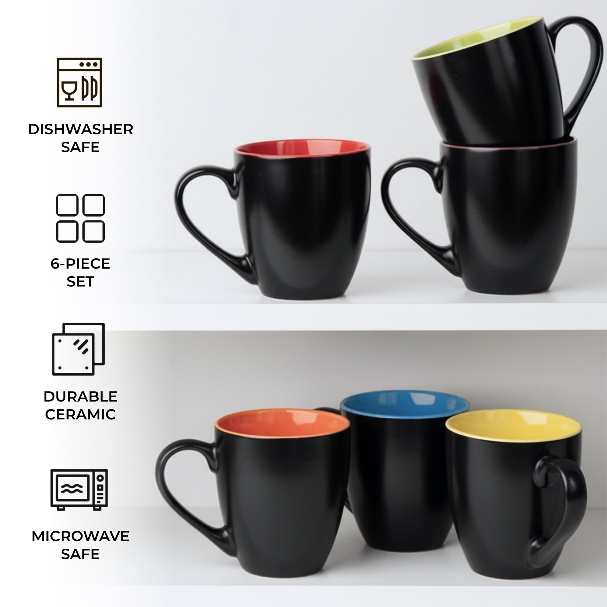 MIAMIO - 6 x 350 ml Stoneware Coffee Mug/Cup Set - Le Papillon Collection (Black-Colorful)