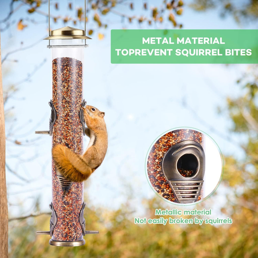 MIXXIDEA Metal Bird Feeder with 6 Feeding Ports, Bird Feeders for Outdoor Hanging, 16 inch Tube Bird Feeder with Steel Hanger & Hard Plastic, Attracting for Wild Birds (Bronze)