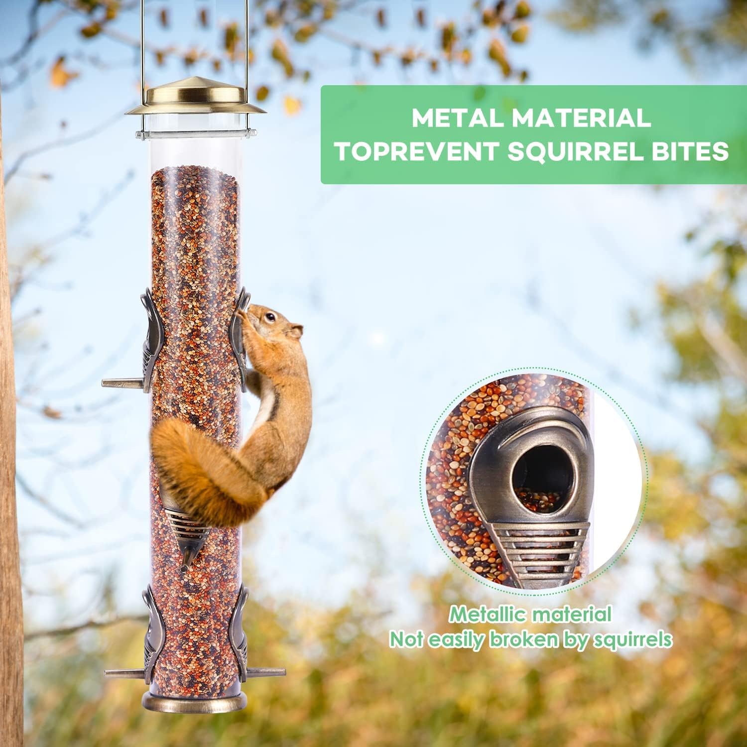 MIXXIDEA Metal Bird Feeder with 6 Feeding Ports, Bird Feeders for Outdoor Hanging, 16 inch Tube Bird Feeder with Steel Hanger & Hard Plastic, Attracting for Wild Birds (Bronze)