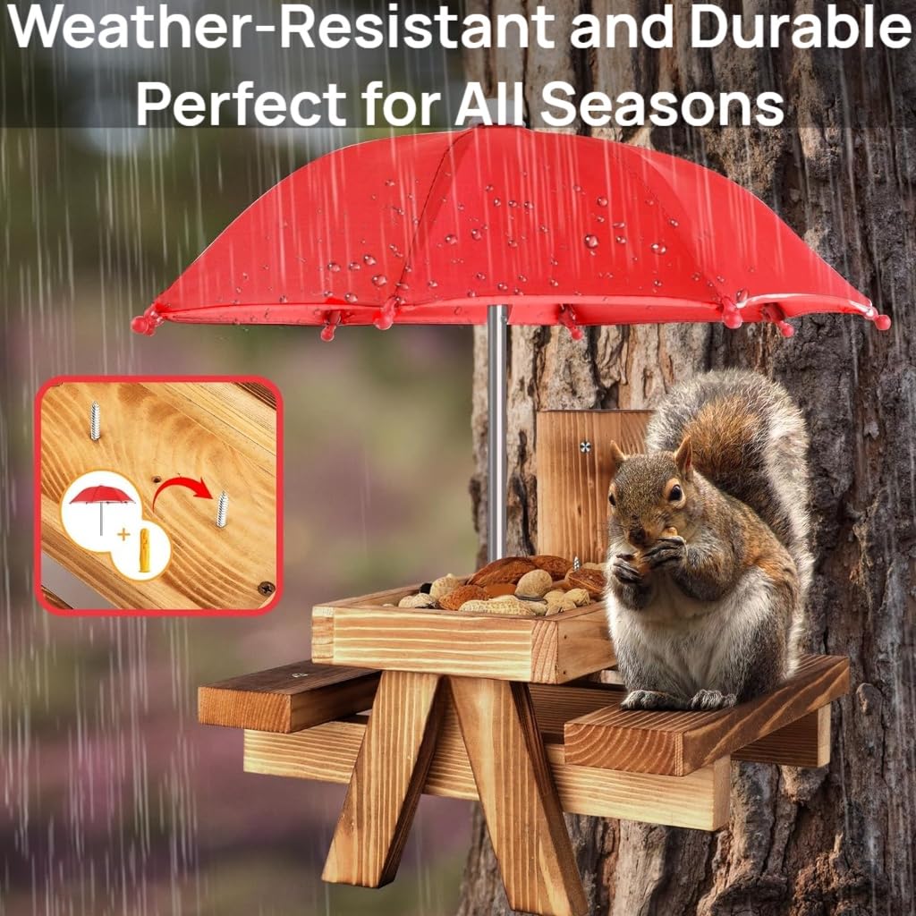 MTSBDM Squirrel Feeder Picnic Table with Umbrella and Corn Cob Holder, Outdoor Wildlife Chipmunk Feeder, Unique Garden Gift for Squirrel & Chipmunk Lovers