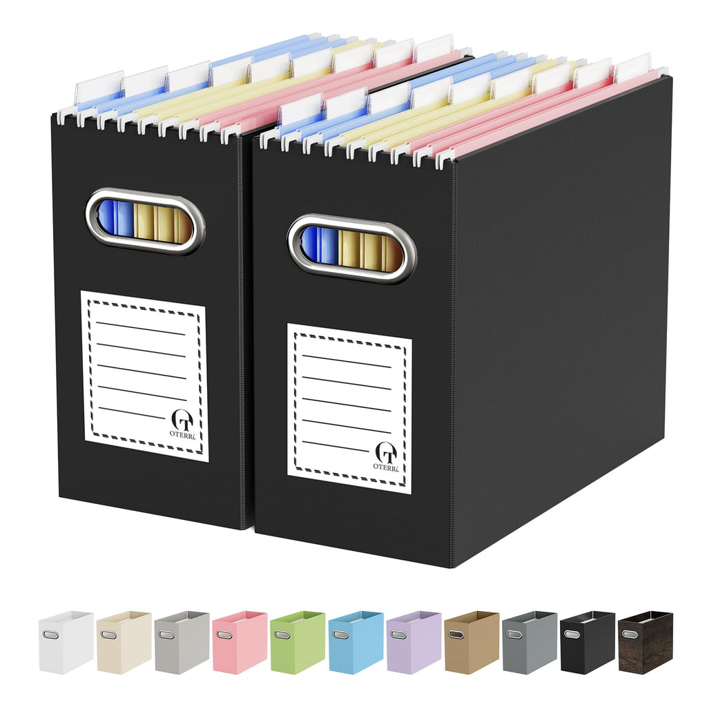 Oterri File Organizer for Hanging Folders Letter Size, Cardboard File Storage Box with Handle, File Box, Folder Organizer for Office, Home or School, 2 Packs, Black (No Folders)
