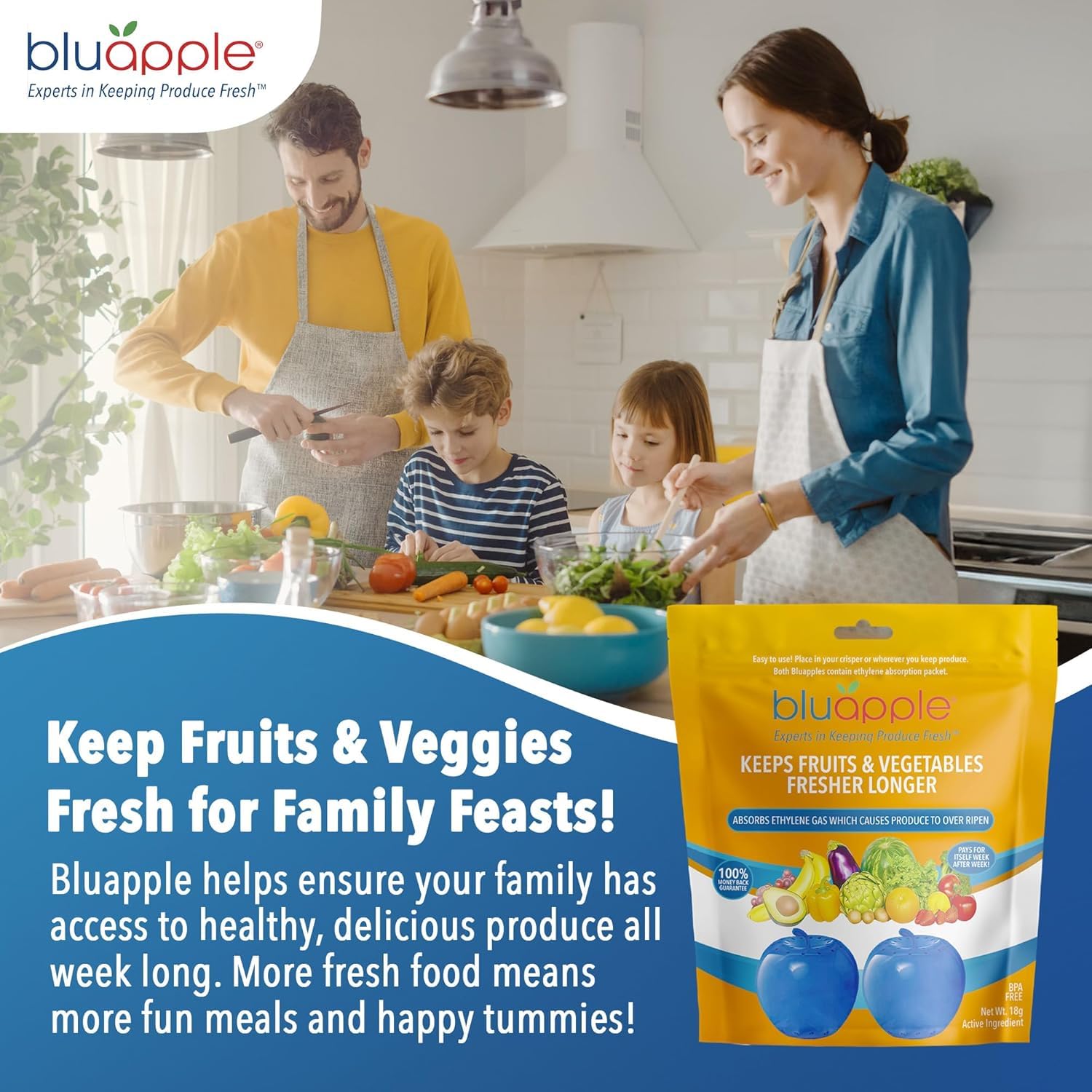 Bluapple Produce Saver 2-Pack - Keeps Fruits & Vegetables Fresh Longer in Refrigerator Crisper, Shelves, and Fruit Bowls, Lasts up to 3 Months, Ethylene Gas Absorber, BPA Free