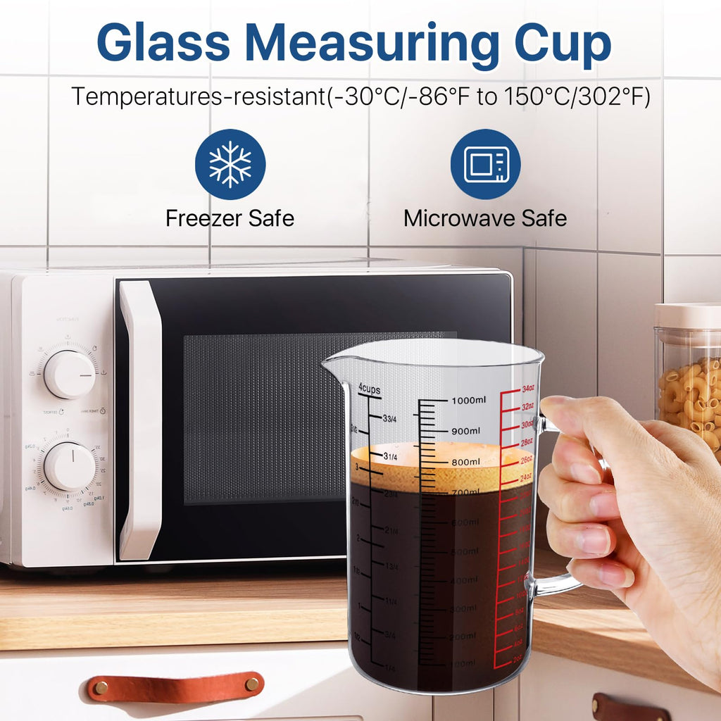 Worldity 33.82OZ/1000ML 4 Cup Glass Measuring Cup with V-Shaped Spout & Triple Scales, Heat Resistant Borosilicate Glass Measuring Cup with Handle, 3 Scales (ML/OZ/Cup) for Kitchen Baking, Restaurant