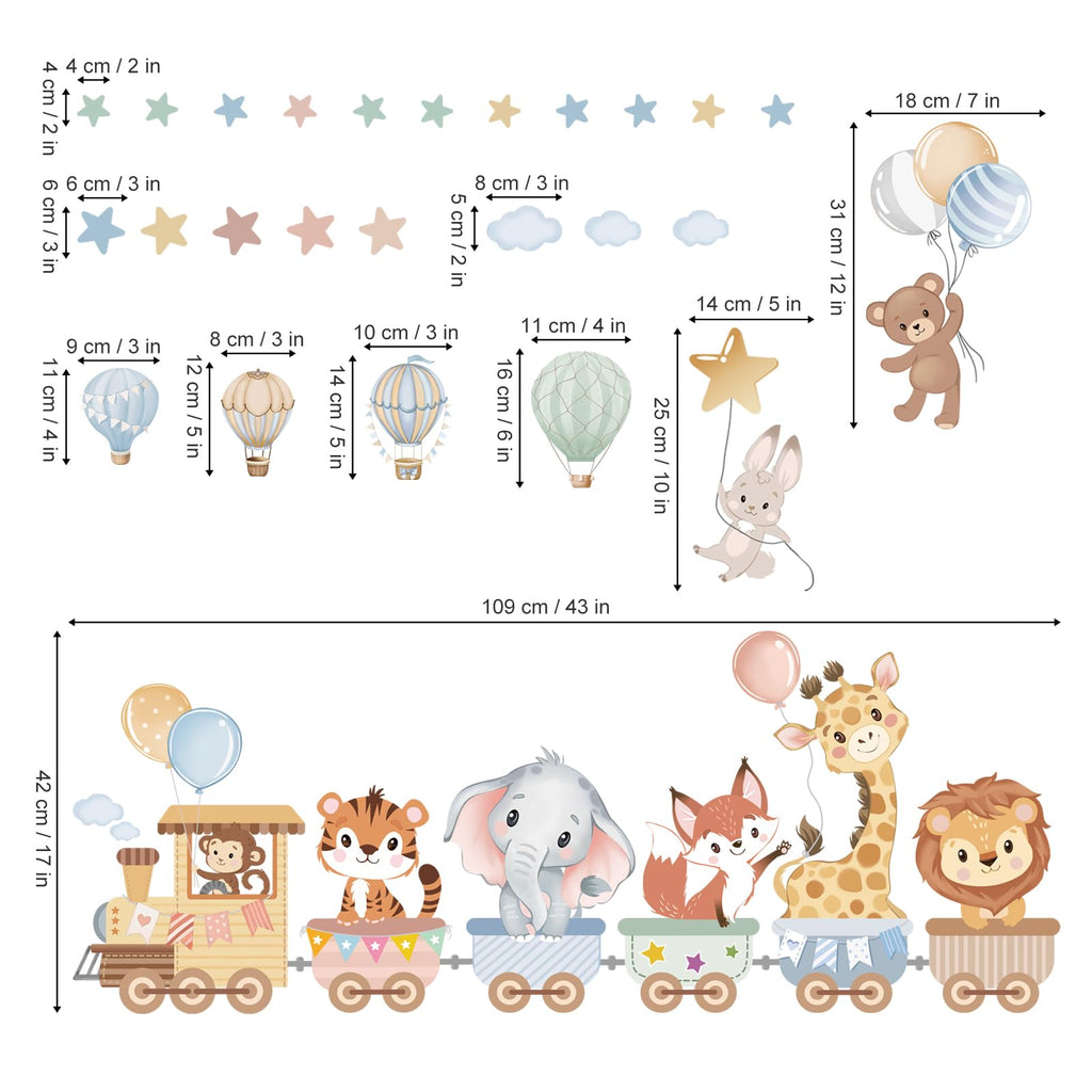 wondever Jungle Animals Train Nursery Wall Decal Hot Air Balloon Animals Elephant Giraffe Peel and Stick Wall Stickers Decor for Kids Room Baby Toddler Room