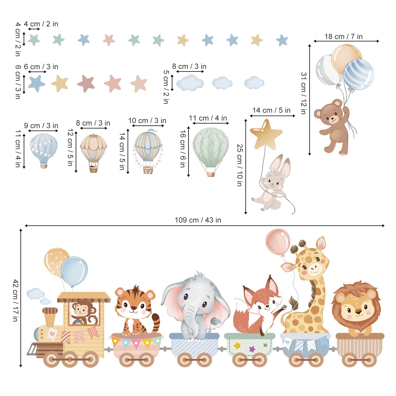 wondever Jungle Animals Train Nursery Wall Decal Hot Air Balloon Animals Elephant Giraffe Peel and Stick Wall Stickers Decor for Kids Room Baby Toddler Room