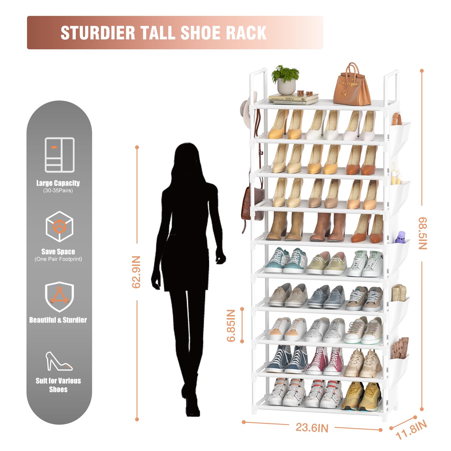 Tall Shoe Rack 10 Tier Shoe Racks Organizer for Closet 30-35 Pairs,Large Capacity Storage Rack for Shoes with 5 Hooks and Side Pocket,Sturdy Metal Shoe Shelf, Vertical Shoe Stand Tower