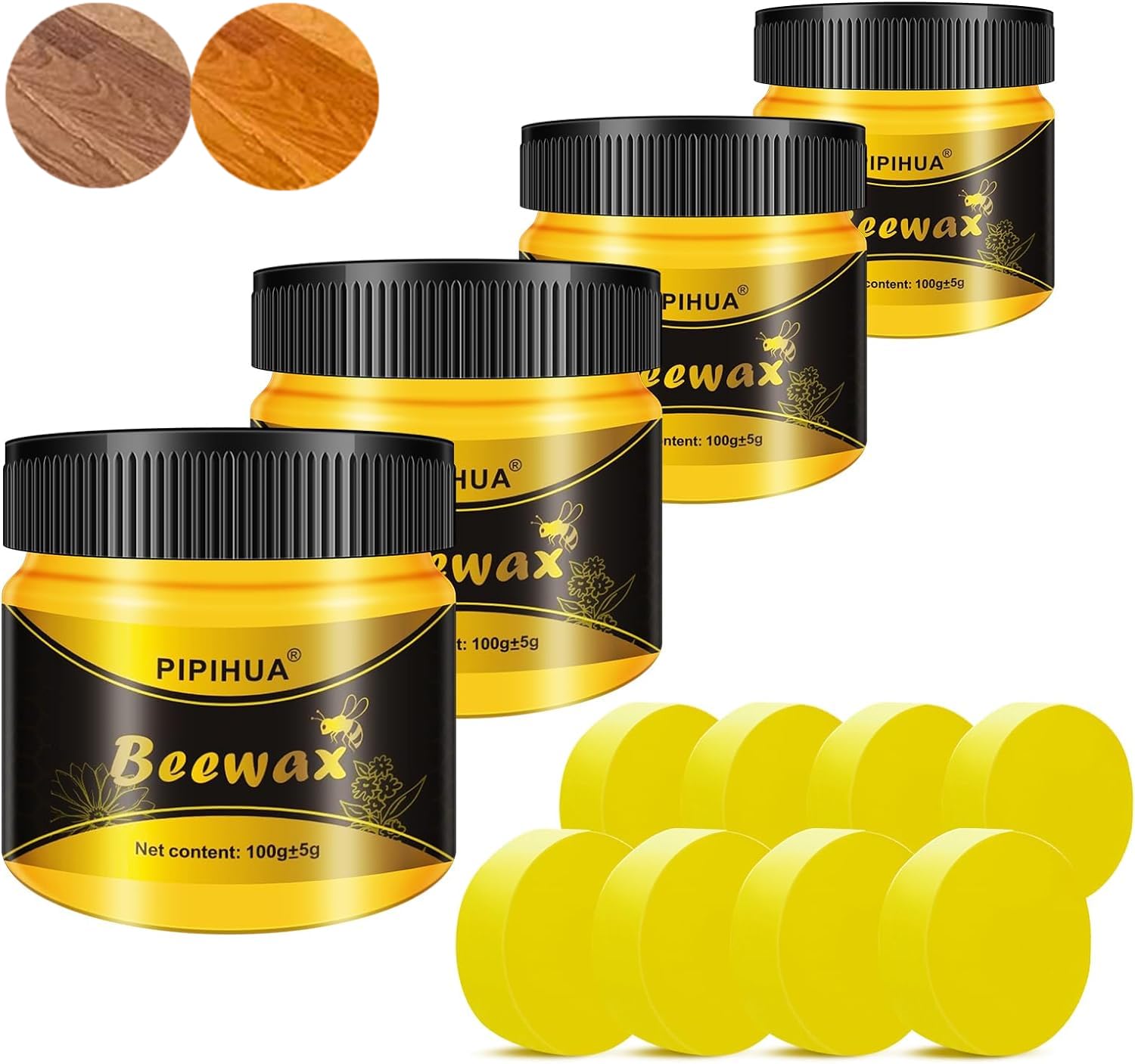 PIPIHUA Beeswax Furniture Polish, Wood Seasoning Beeswax for Furniture Waterproof & Repair Wood Wax for Floors Cabinets to Protect & Care, 4pcs Wax Polish with 8pcs Sponges
