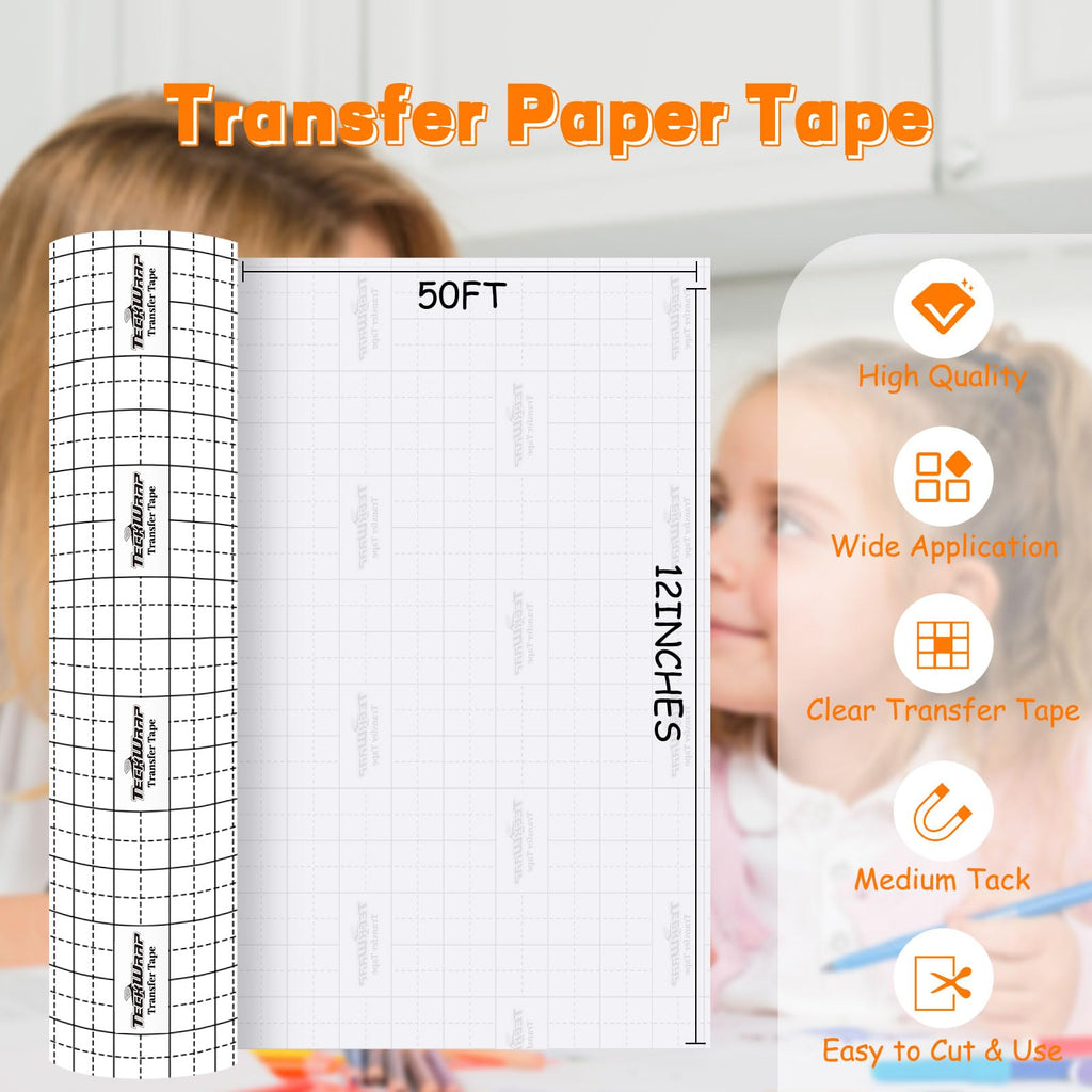 TECKWRAP Transfer Tape for Vinyl - 12" x 50 FT w/Black Alignment Grid Transfer Tape for Adhesive Vinyl - Medium Tack for Craft Decals,Signs, Windows, Stickers