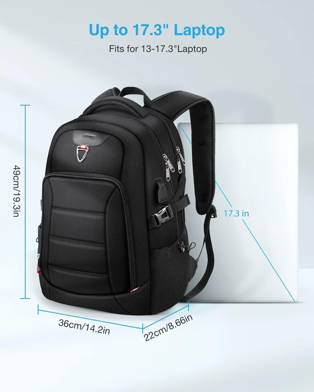 HOMIEE 17.3 Inch Travel Backpack, Large Capacity Breathable Loptop Backpack, Backpack with USB Charging Port for Business Travel School, Black
