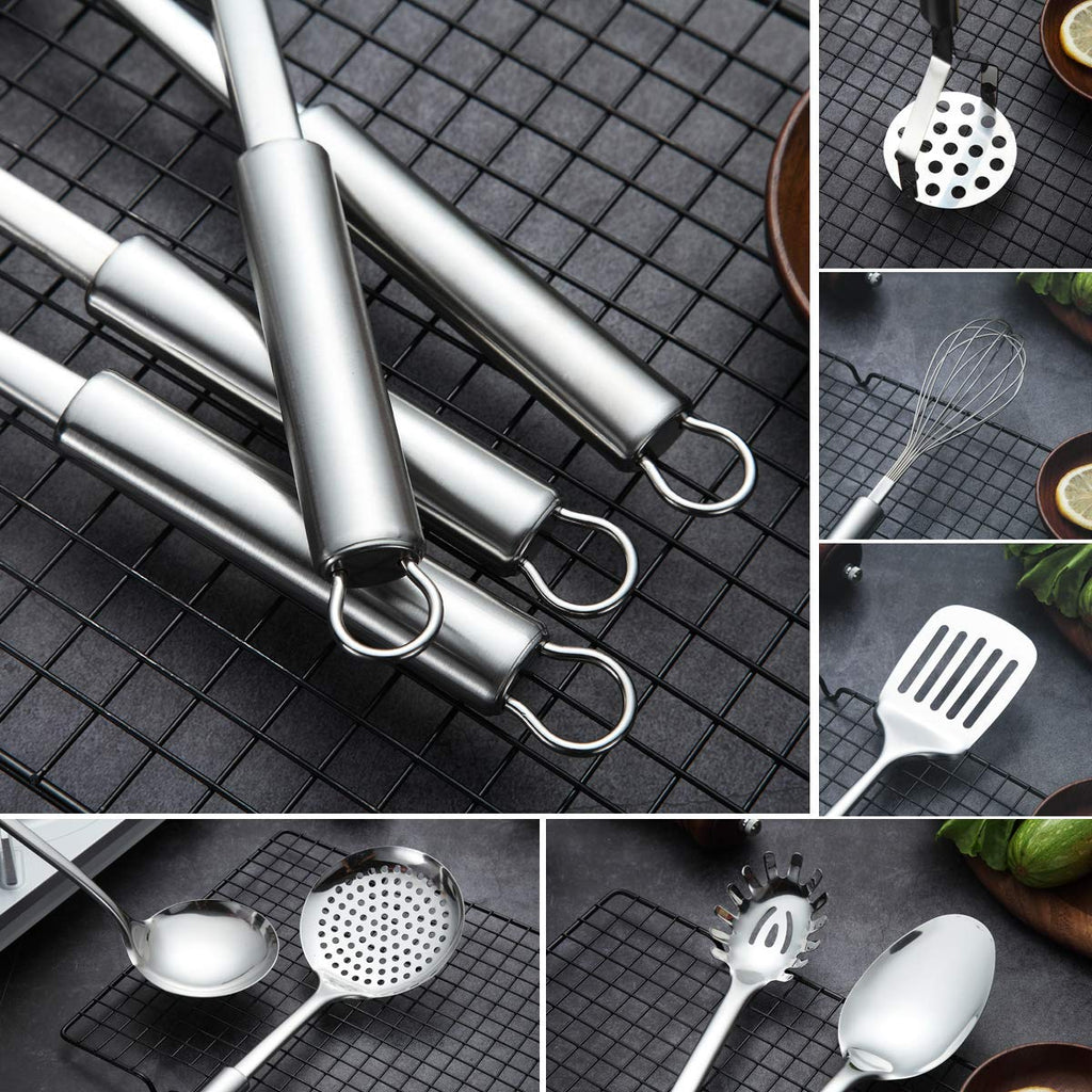 Berglander Stainless Steel Kitchen Utensil 7 Piece with 1 Stand, Slotted Tuner, Ladle, Skimmer, Serving Spoon, Pasta Server,Potato Maseher, Egg Whisk. Kitchen Tool Set. Kitchenware with Holder.