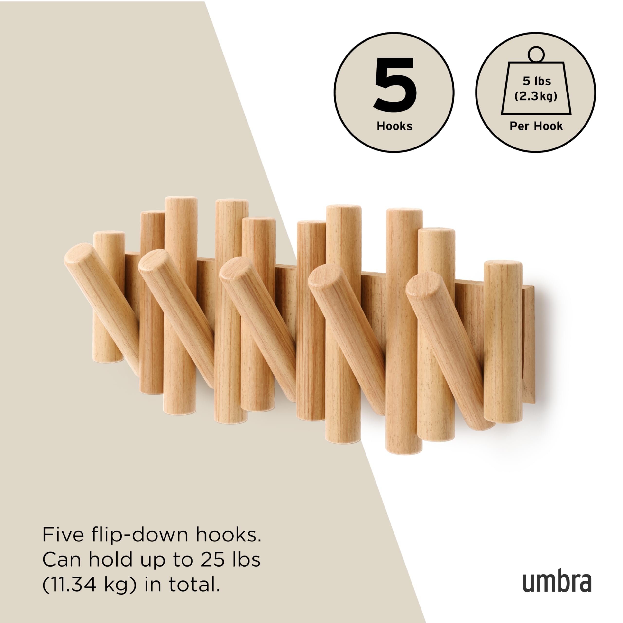 Umbra Picket Coat Rack Wall Mount – 5 Flip-Down Wood Coat Hooks, Modern & Functional Storage, Easy Install Wall Hooks, Natural
